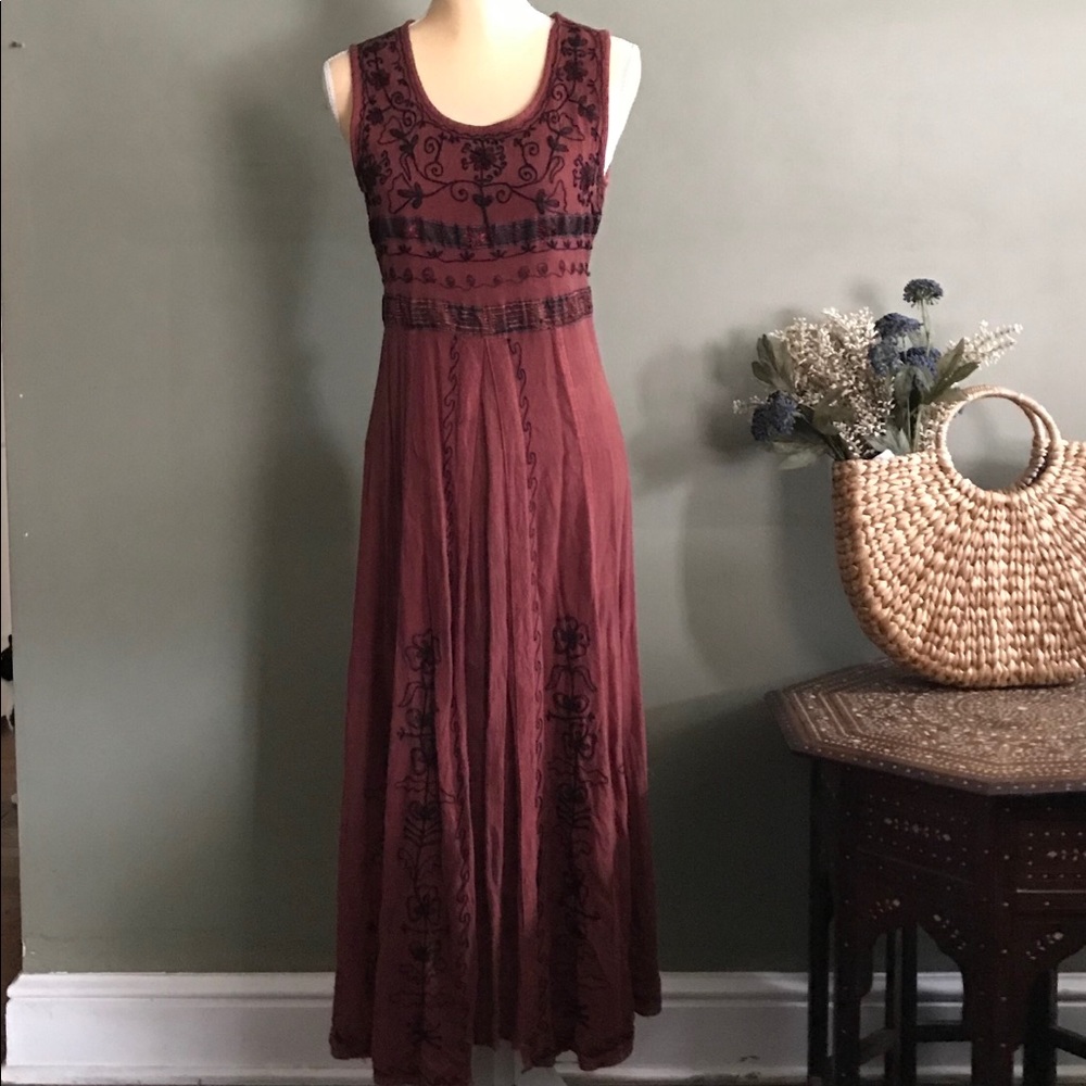 90’s Vintage Red Embroidered Boho Maxi Dress